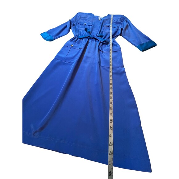 Vintage 90s Dress‎ Leslie Fay Midi Belt Pockets Satin Blue Retro Long Sleeves 10 - Picture 10 of 16